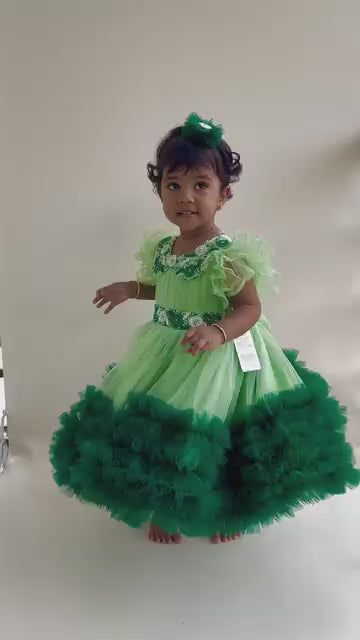 Pastel Green & Bottle Green Shade Handwork Pleated Peter Collar Partywear Frock