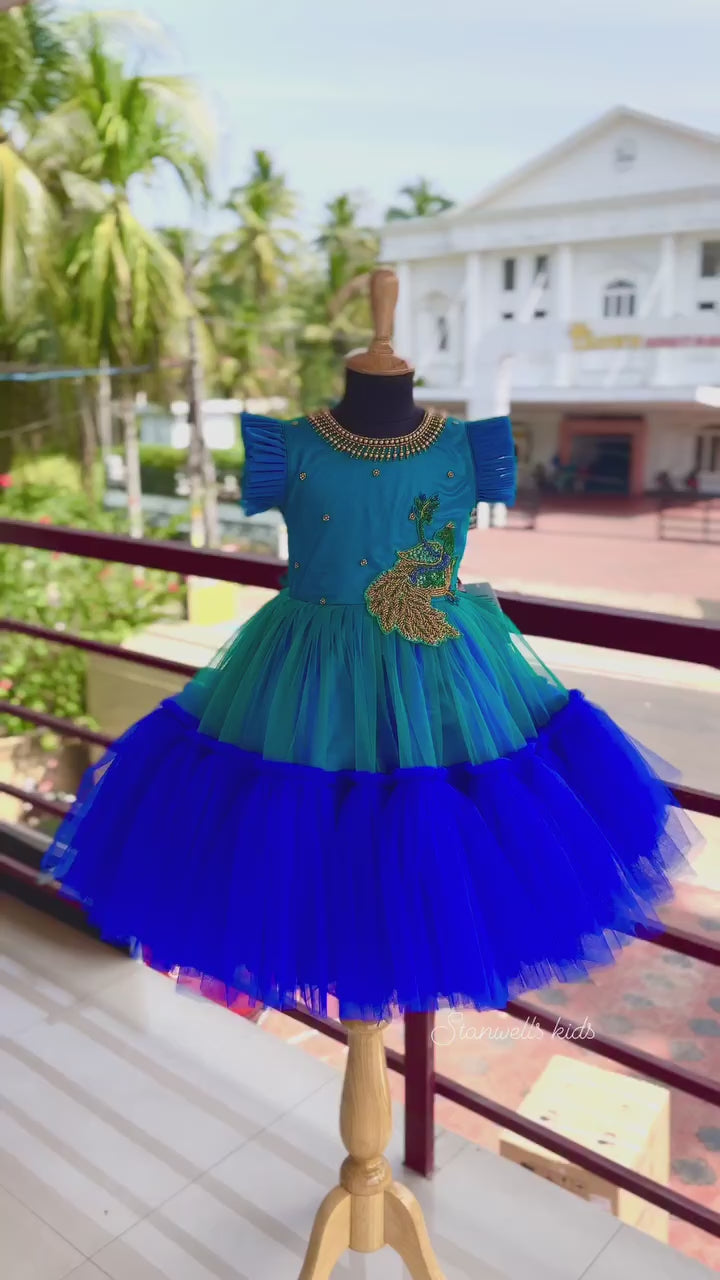 Peacock theme Applique Party wear Frock.