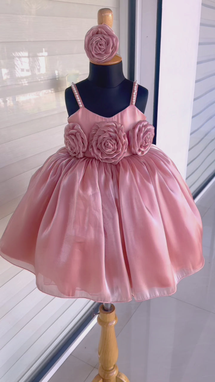 dust peach partywear baby girls designer flower frock