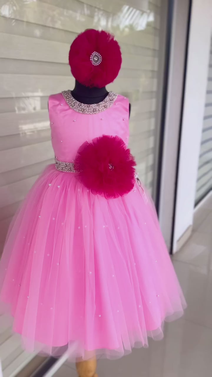 Baby Pink & Rany Pink Combo Beads Handwork Partywear Frock