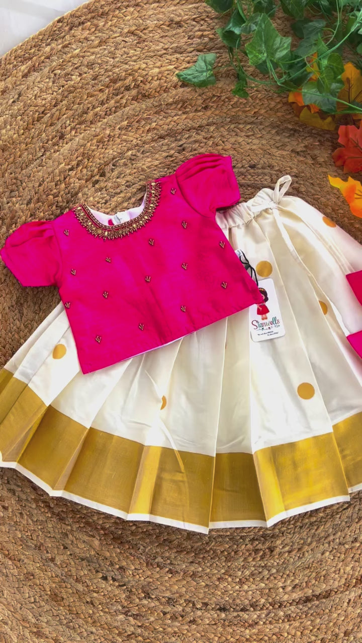 Cream & Pink Combo Onam Special Kerala Kasavu Handwork Lehenga Choli