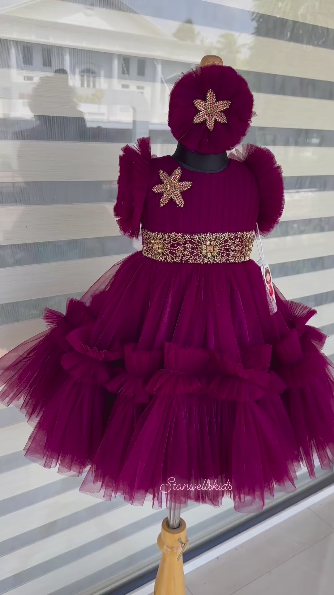 Grapevine  Shade Heavy Ruffles Pleated Handwork Birthday Frock