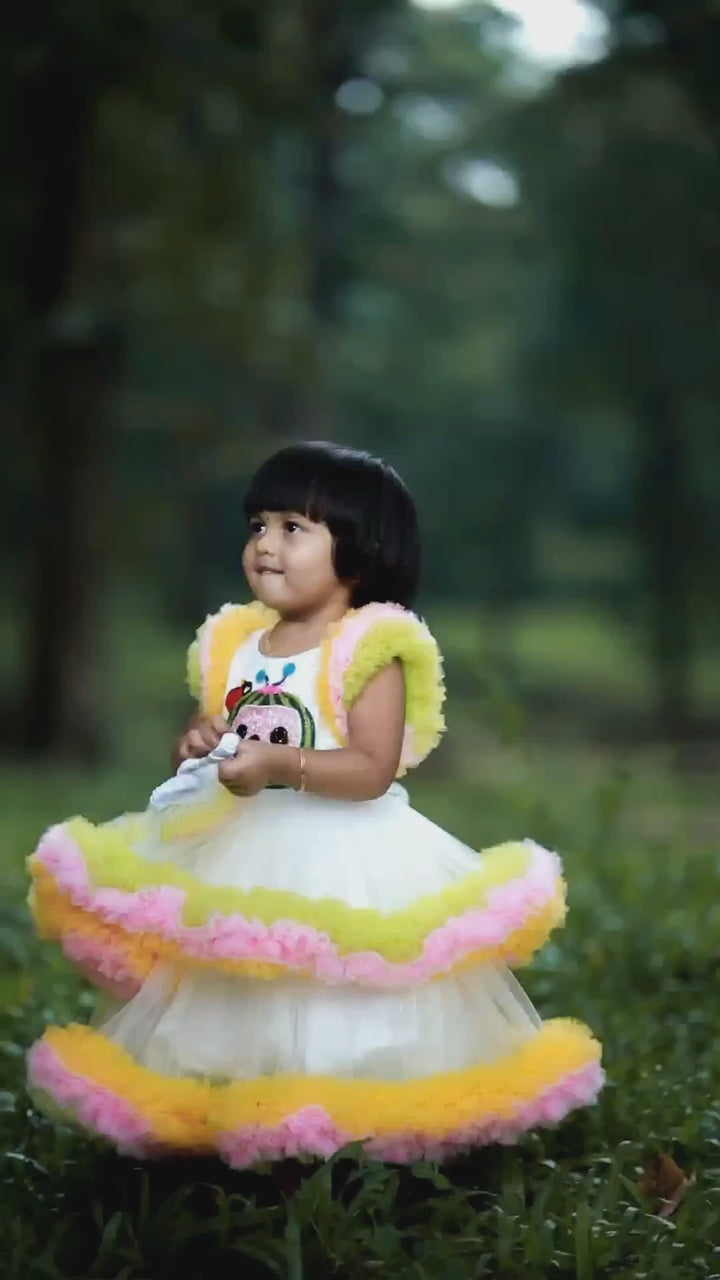 Off-White shade Cocomelon theme Handwork Birthday Ruffles Full-length Gown