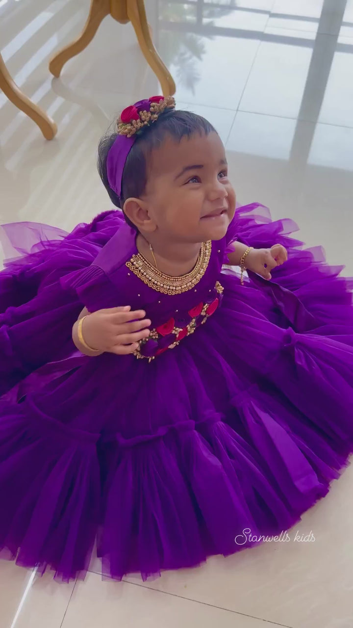 Purple Shade Baby Girls Birthday Dress - Handwork Flower Party Frock