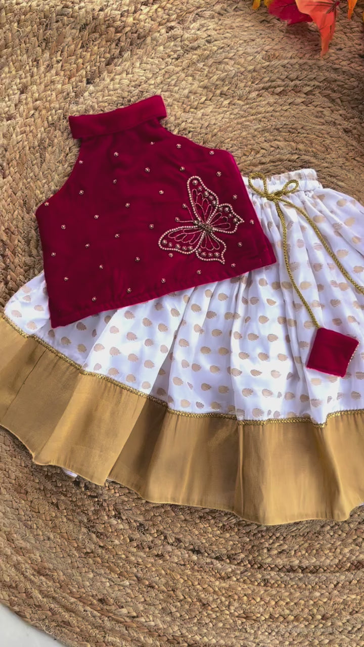 Cream & Rany Pink Combo Onam Special Kerala Kasavu Butterfly Handwork Lehenga Choli