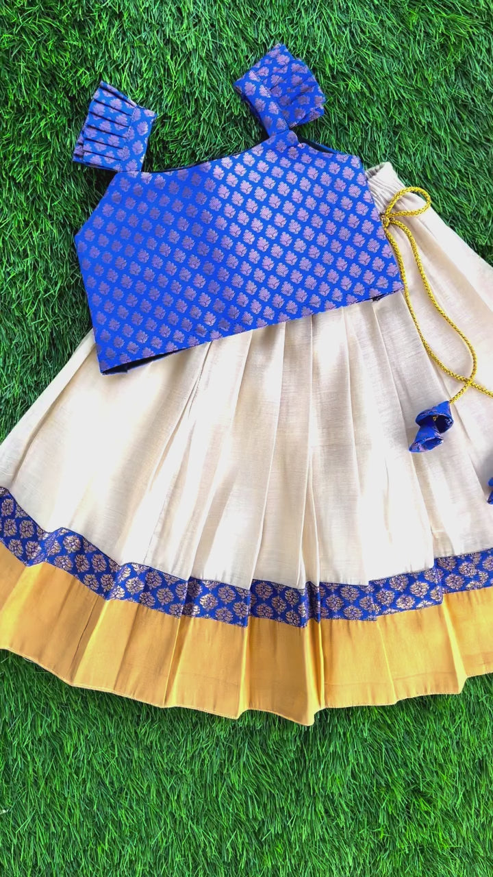 Sandal & Royal Blue Combo Traditional Kerala Kasavu Lehenga Choli