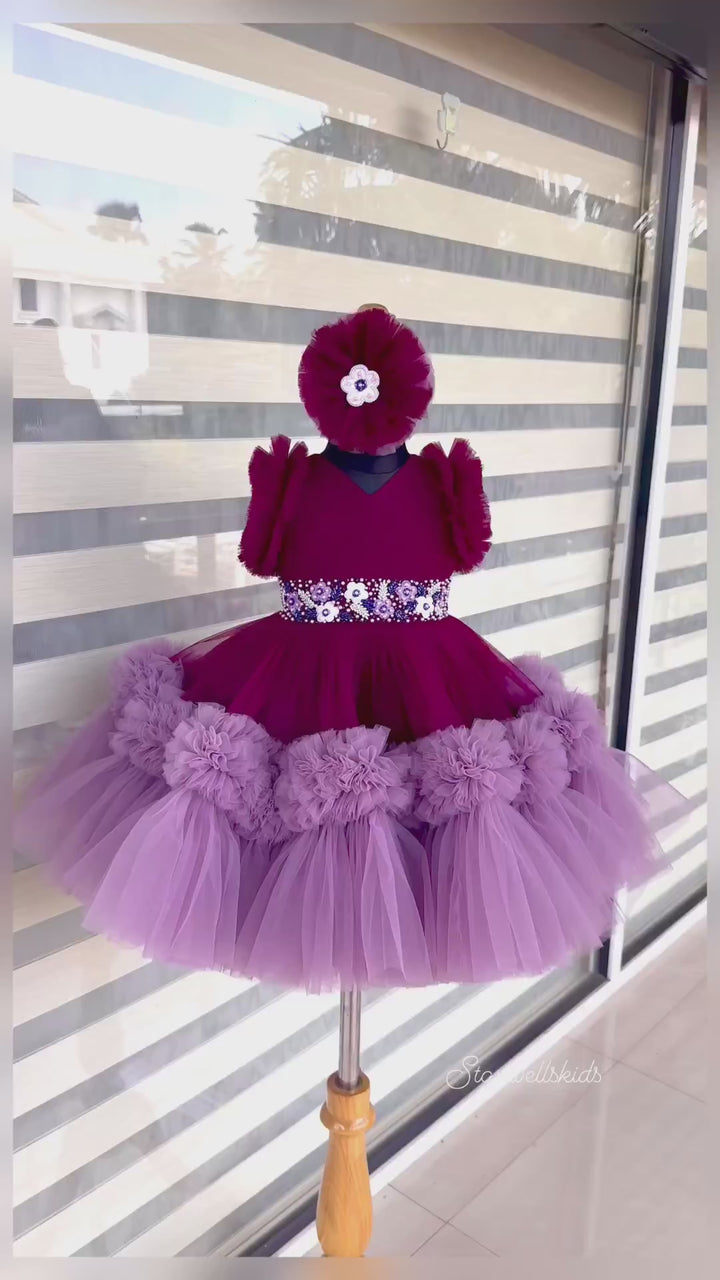 Grapevine & Pastel Pink Pleated Heavy Ruffles Birthday Frock