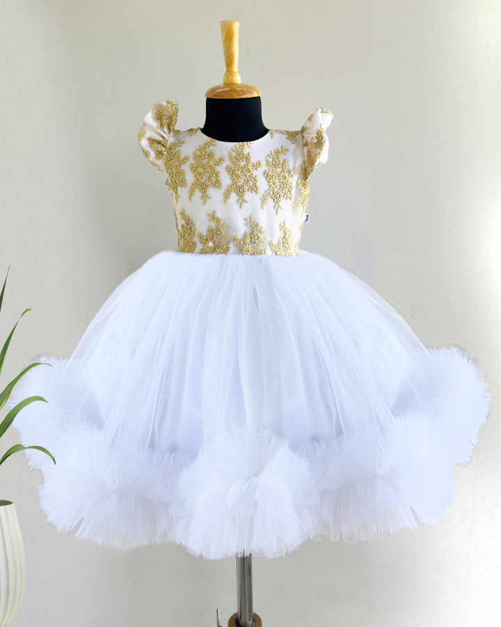 Pure White Princess Lace Frock, Baby Girls Birthday Dress, Designer Partywear Frock, Princess Dress for Baby Girl