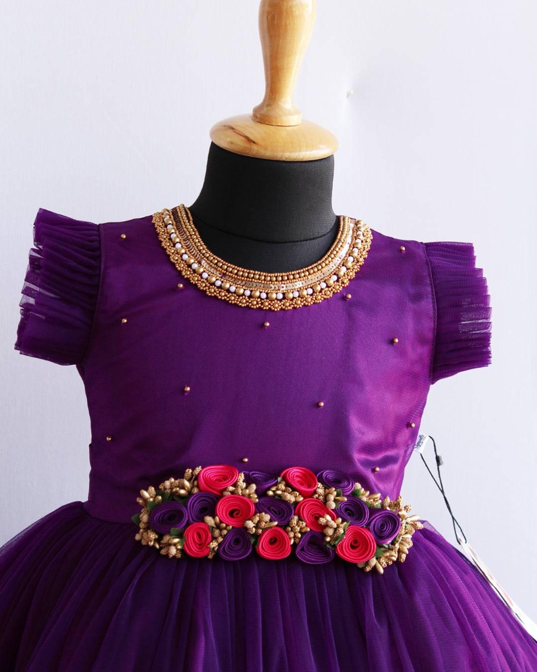 Purple Shade Baby Girls Birthday Dress - Handwork Flower Party Frock