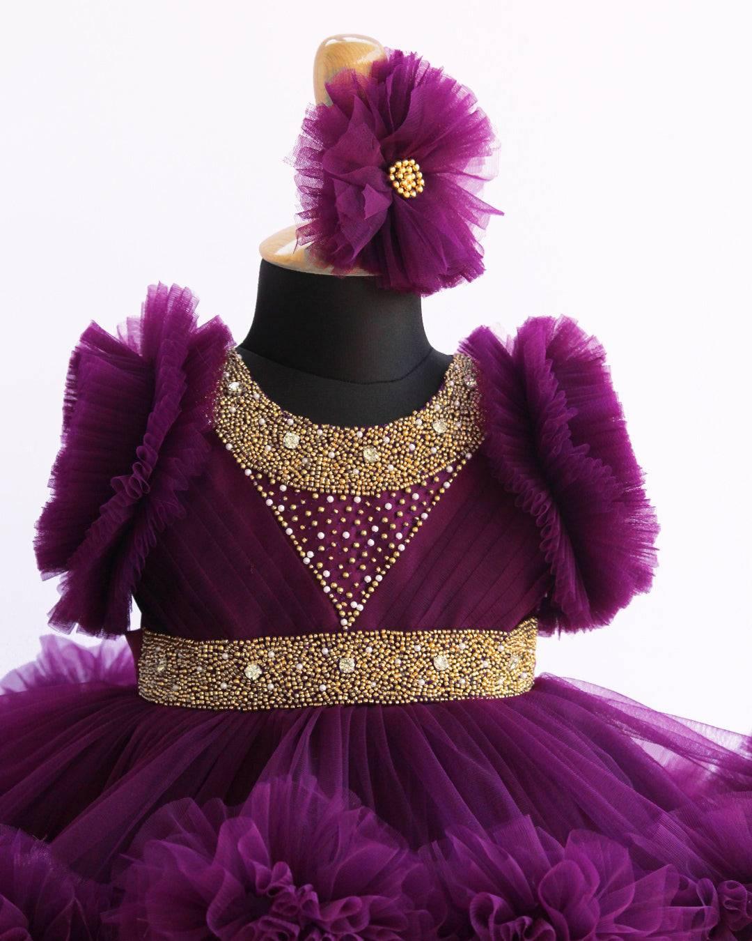 Purple Handwork Two Layer Ruffled Frock