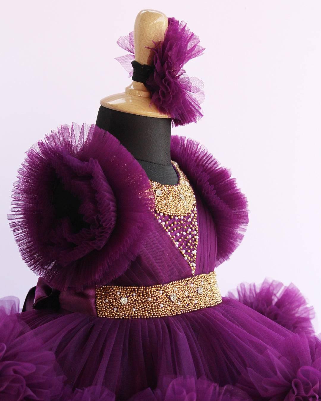 Purple Handwork Two Layer Ruffled Frock