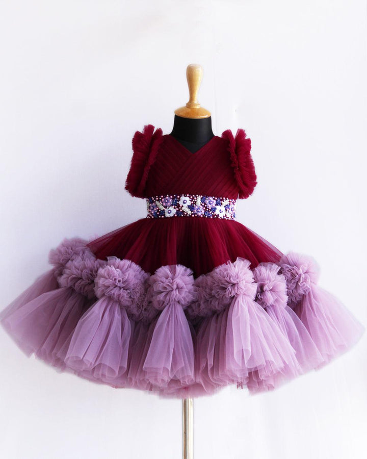 Grapevine & Pastel Pink Pleated Heavy Ruffles Birthday Frock - Stanwells Kids