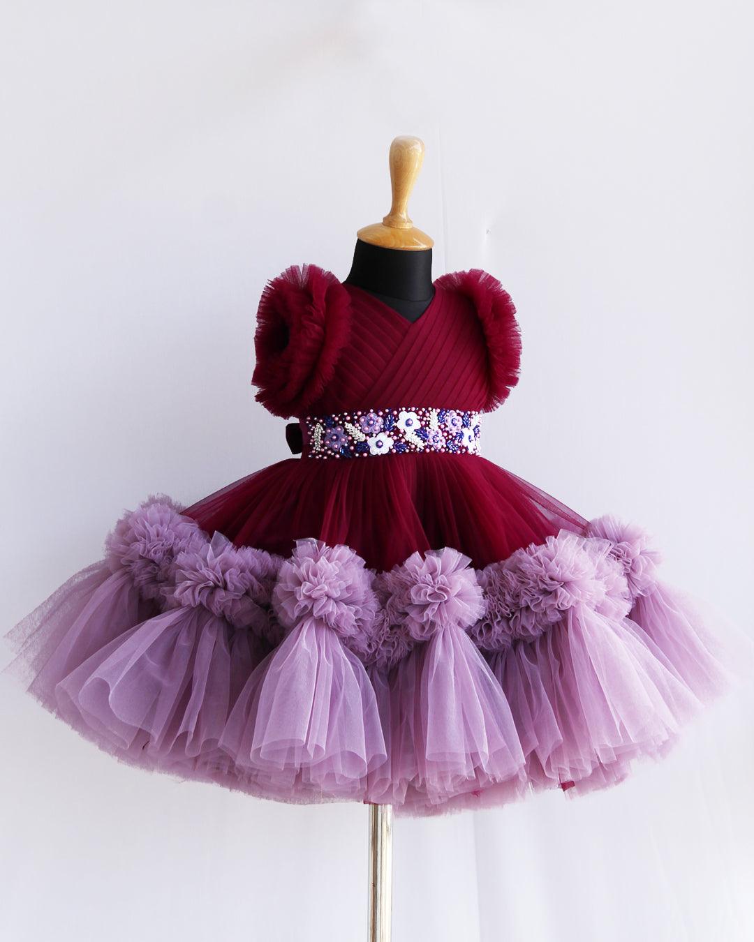 Grapevine & Pastel Pink Pleated Heavy Ruffles Birthday Frock - Stanwells Kids