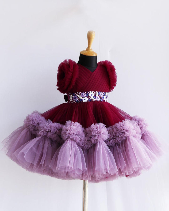 Grapevine & Pastel Pink Pleated Heavy Ruffles Birthday Frock - Stanwells Kids