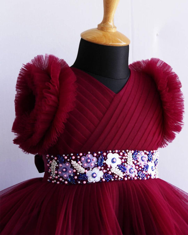 Grapevine & Pastel Pink Pleated Heavy Ruffles Birthday Frock