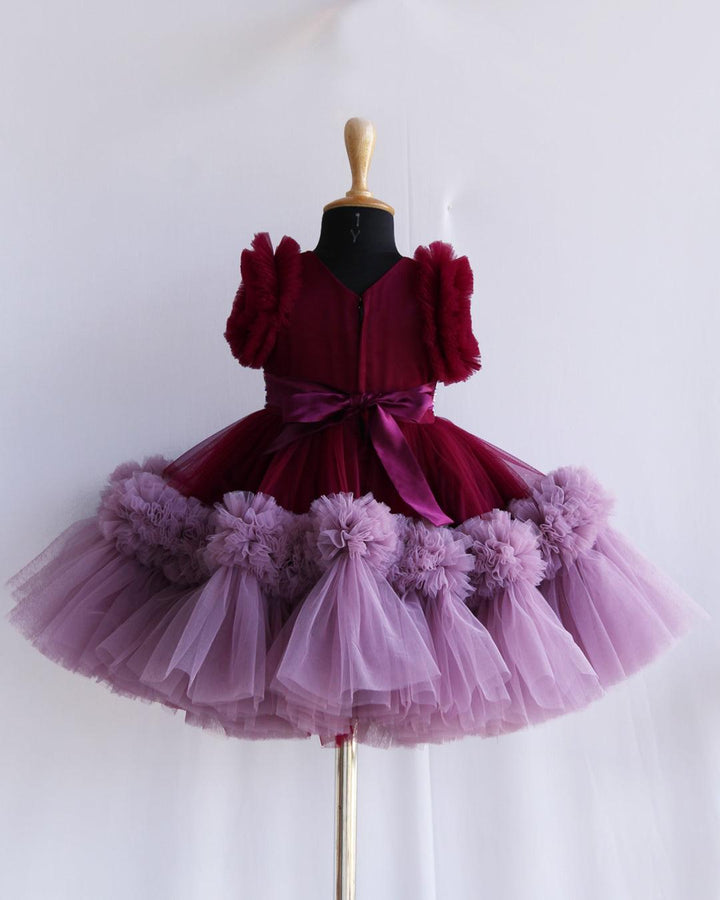 Grapevine & Pastel Pink Pleated Heavy Ruffles Birthday Frock - Stanwells Kids