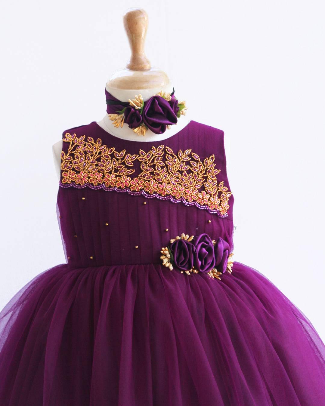 Purple Pleated Handwork Frock Stanwells Kids