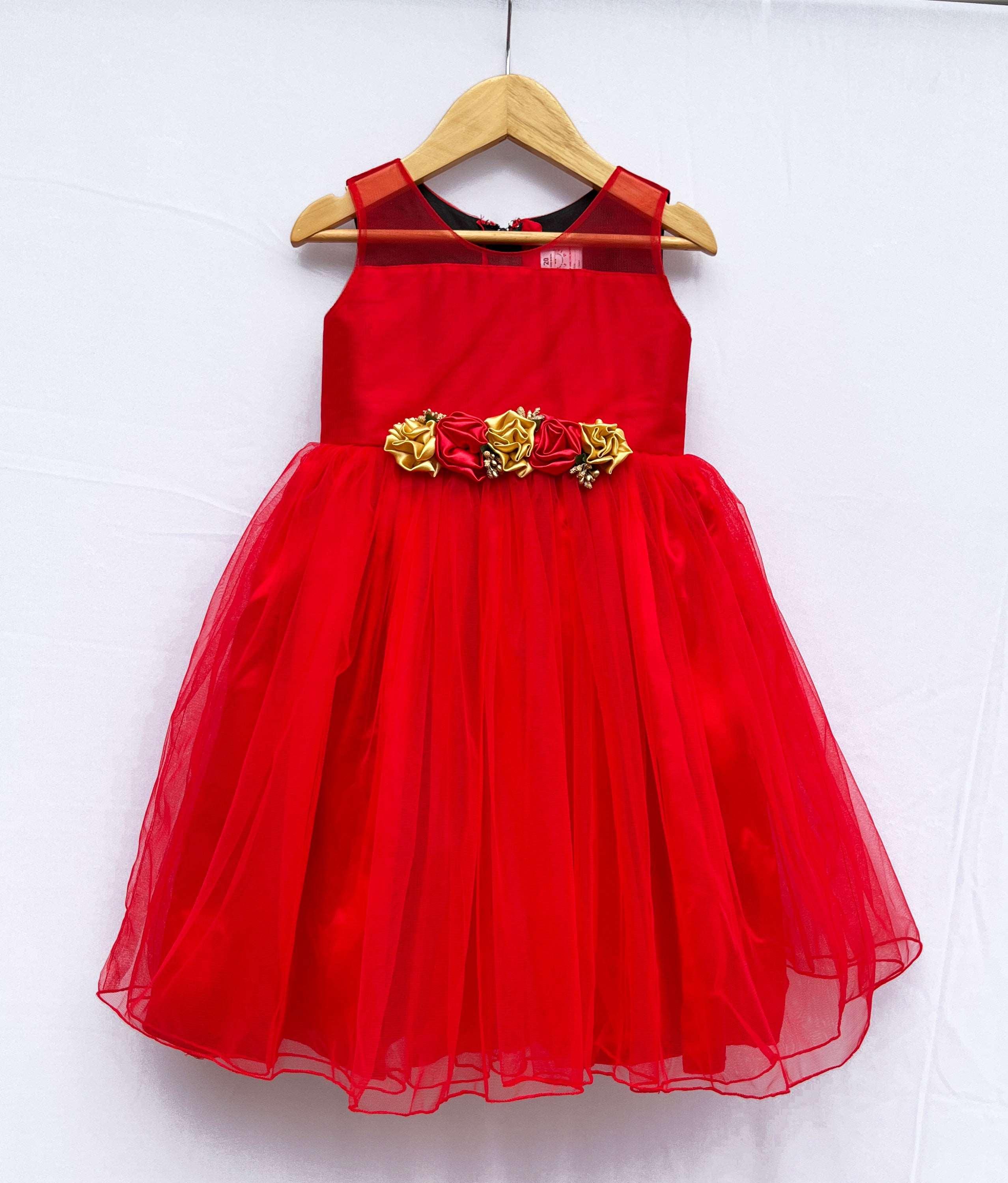 Red Colour Designer Flower Frock Sample Stanwells Kids