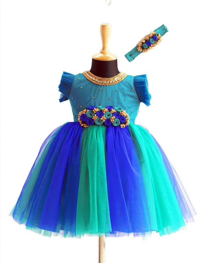 Peacock  Shade Handwork Flower Frock