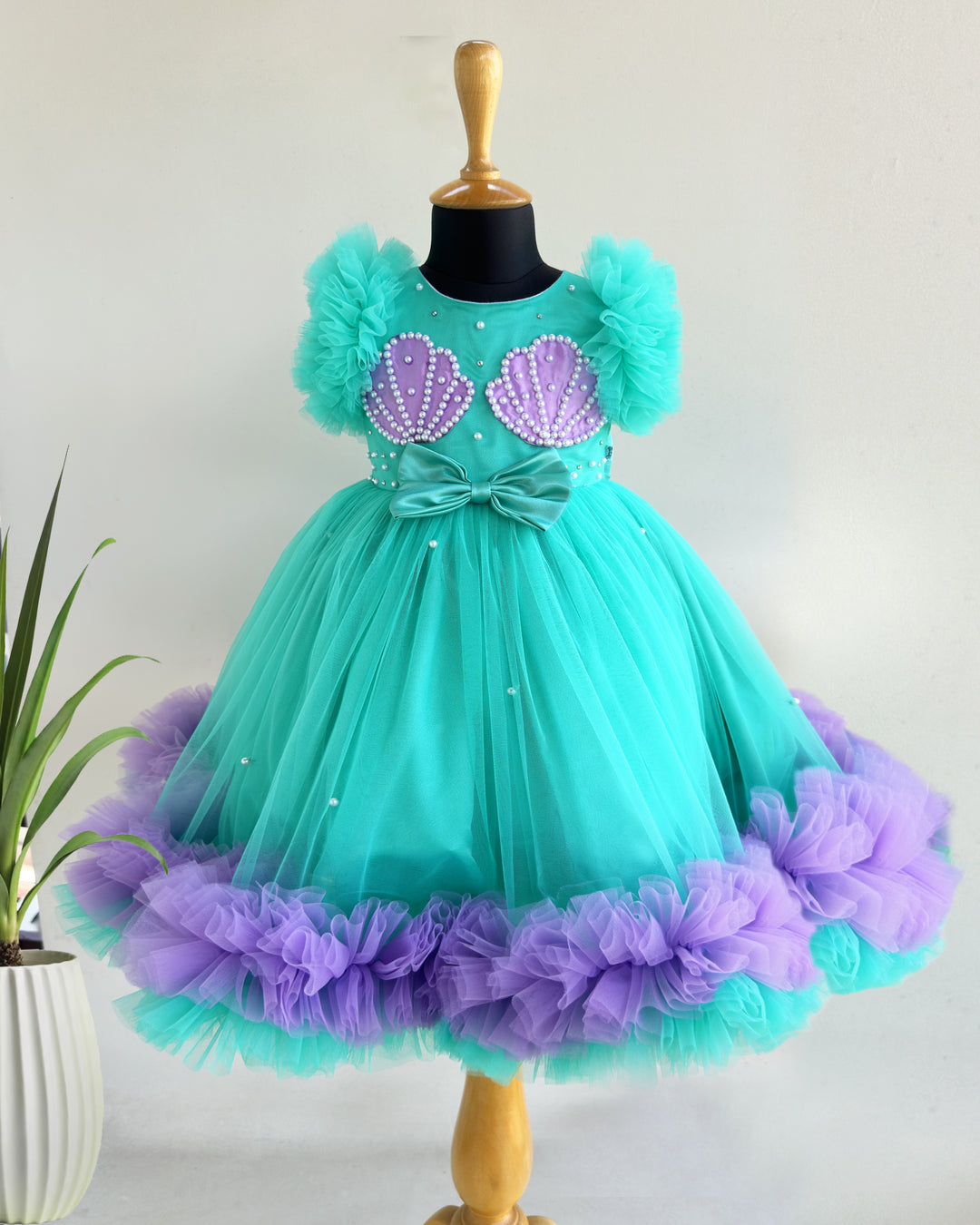 Sea green lilac combo baby girl birthday dress, sea shell theme gown, ruffles party wear frock, kids birthday outfit for girls