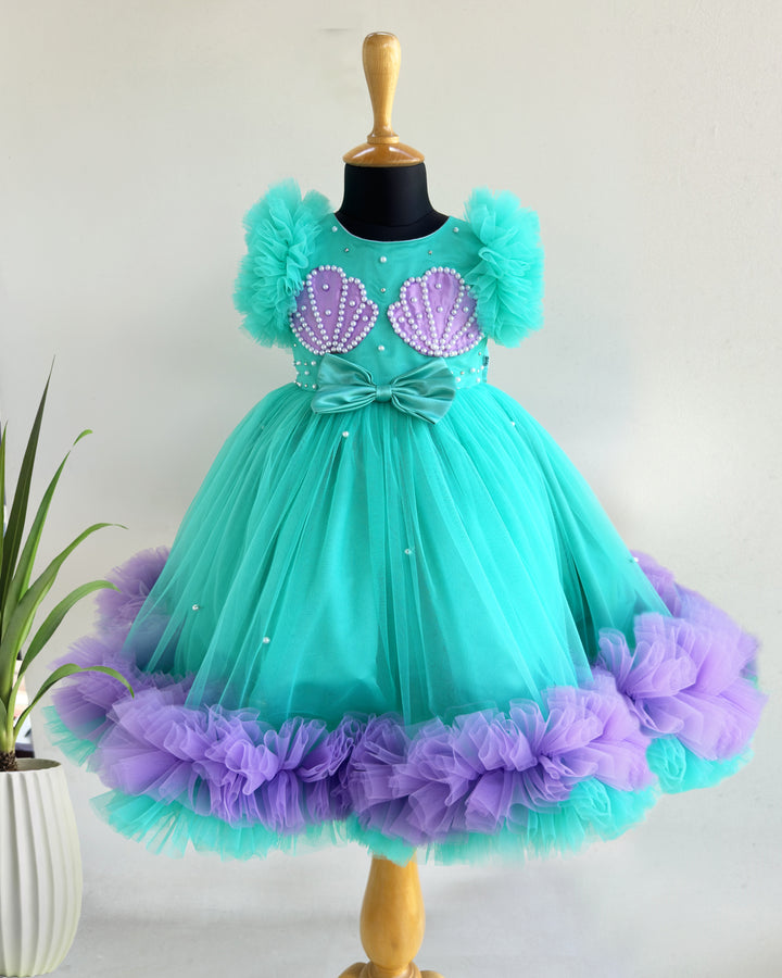 Sea green lilac combo baby girl birthday dress, sea shell theme gown, ruffles party wear frock, kids birthday outfit for girls