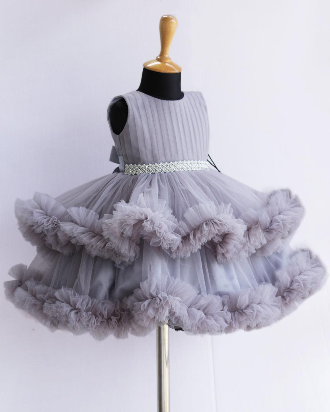 Light Grey Shade Layered Ruffles Partywear Handwork Frock - Stanwells Kids