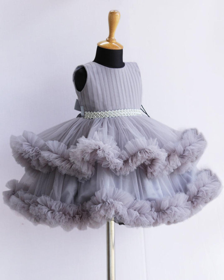 Light Grey Shade Layered Ruffles Partywear Handwork Frock - Stanwells Kids