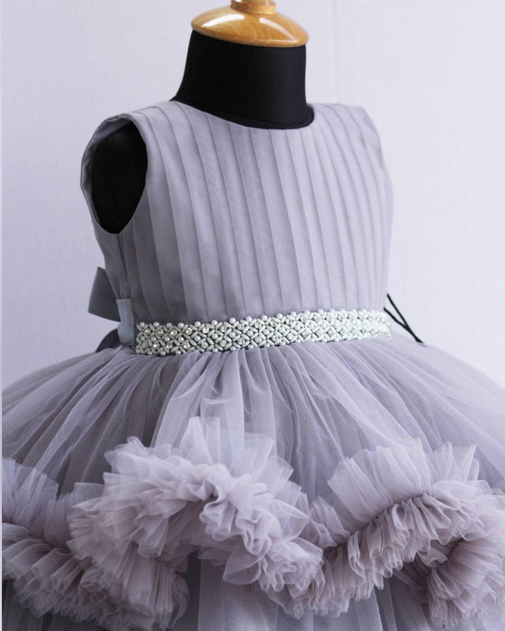Light Grey Shade Layered Ruffles Partywear Handwork Frock