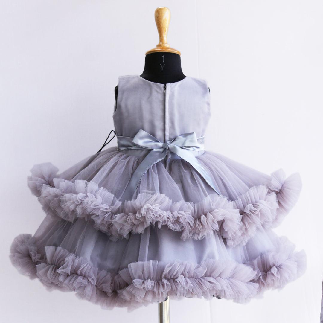 Light Grey Shade Layered Ruffles Partywear Handwork Frock - Stanwells Kids