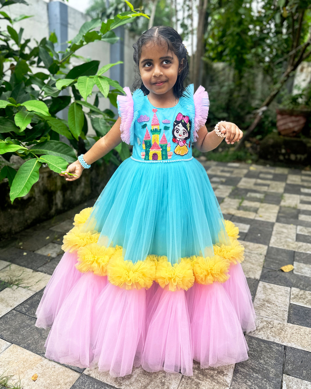 Sky Blue Baby Girls Birthday Dress, Princess Theme Partywear Gown, Multi Shade Kids Birthday Outfit, Baby Girl Party Dress