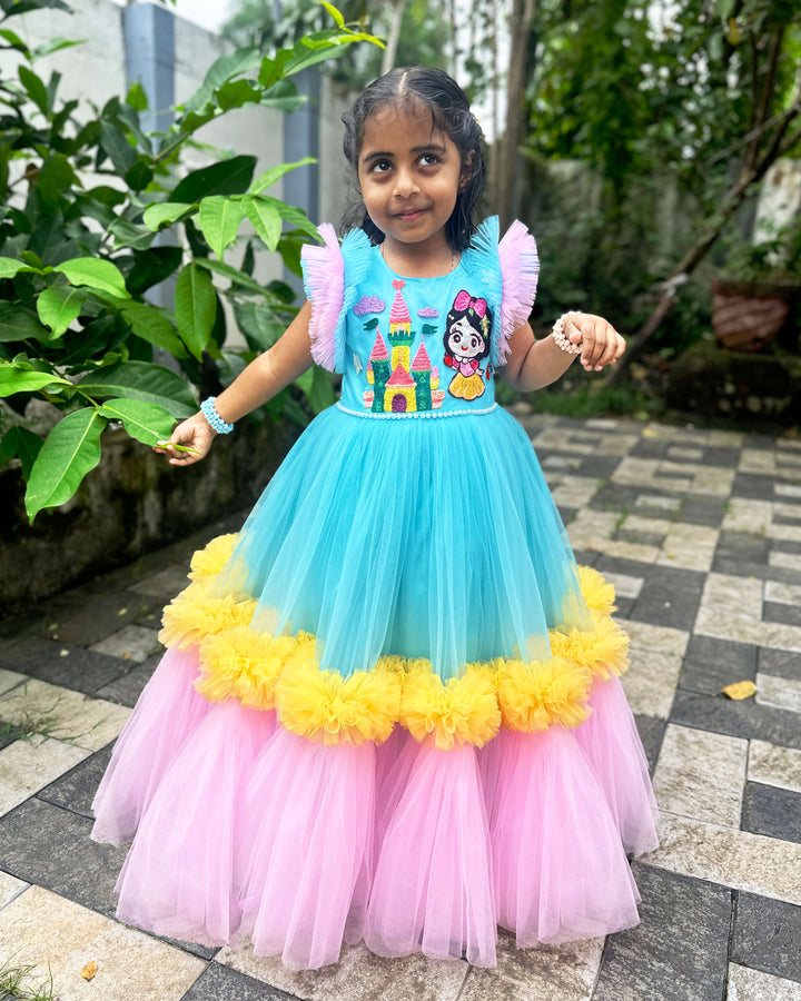 Sky Blue Baby Girls Birthday Dress, Princess Theme Partywear Gown, Multi Shade Kids Birthday Outfit, Baby Girl Party Dress