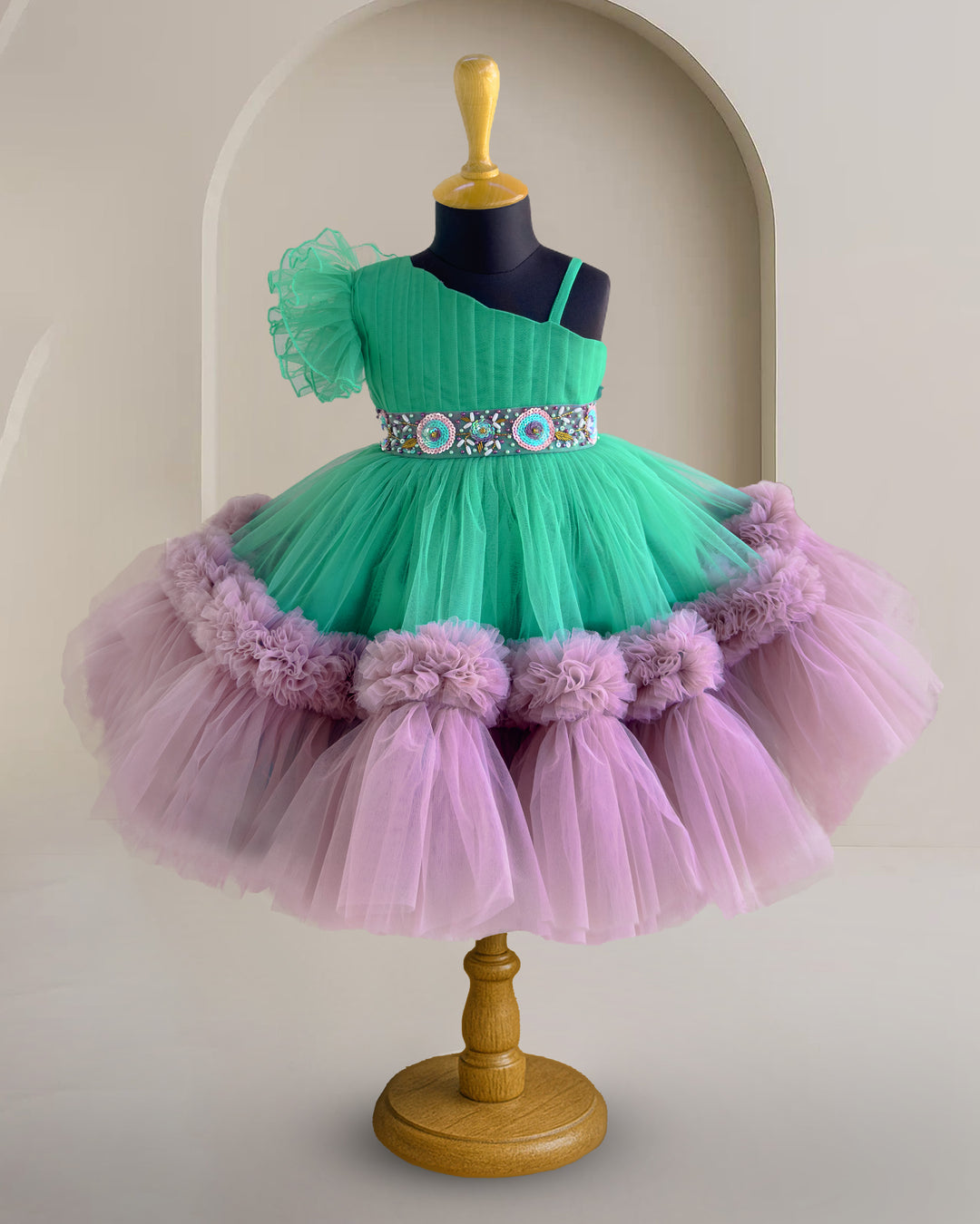 Spring green pastel pink baby girl birthday dress, handwork ruffles frock, pleated party wear dress for kids