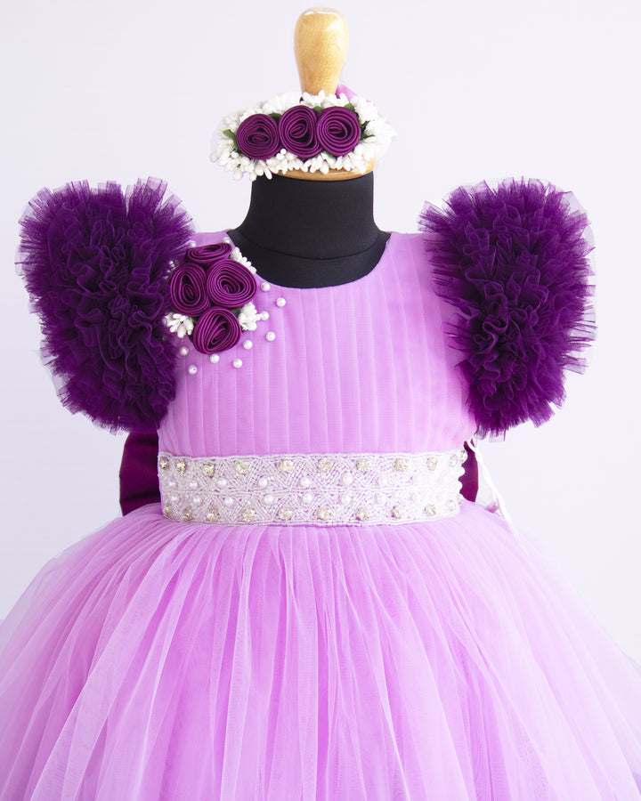 lavender handwork full length flower gown pleated yoke