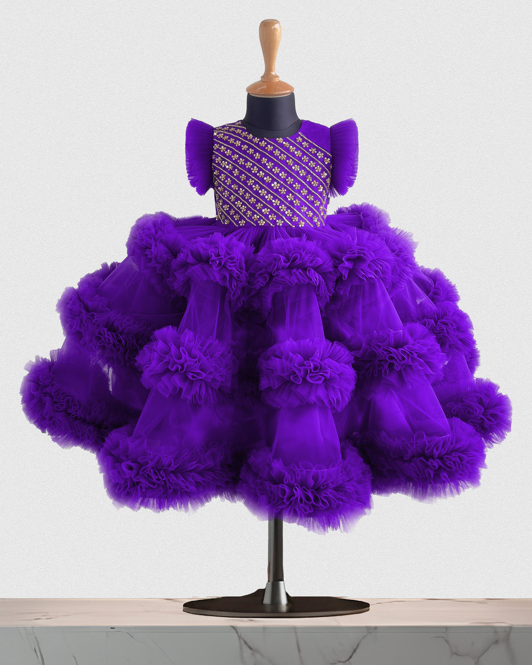 Violet shade baby girl birthday dress, 3 step ruffle frock, party wear dress for kids, violet handwork frock, designer baby birthday outfit
