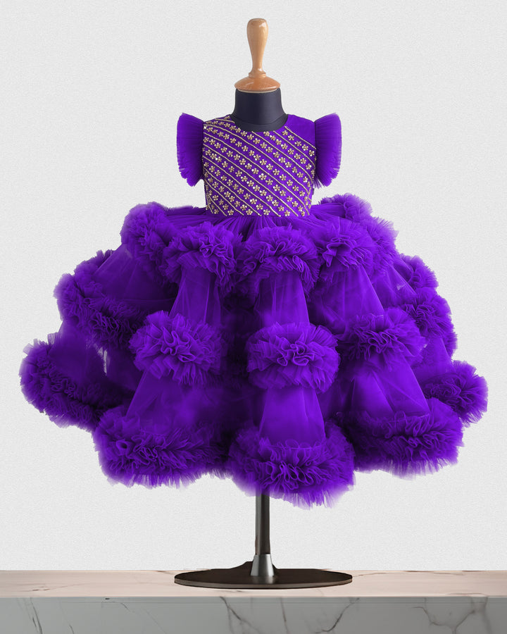 Violet shade baby girl birthday dress, 3 step ruffle frock, party wear dress for kids, violet handwork frock, designer baby birthday outfit
