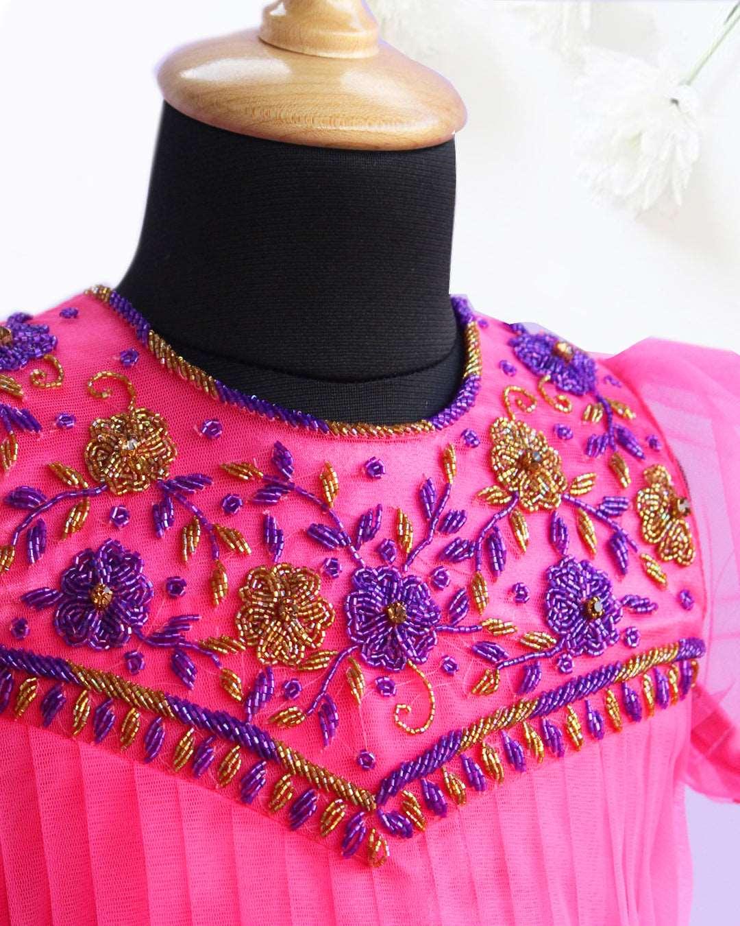 Peach & Violet combo Handwork Ruffles Party wear Frock
Material: Peach colour nylon net material is used as pleated design in the yoke portion with Heavy quality ultra satin as the primary lining .This satin lining give