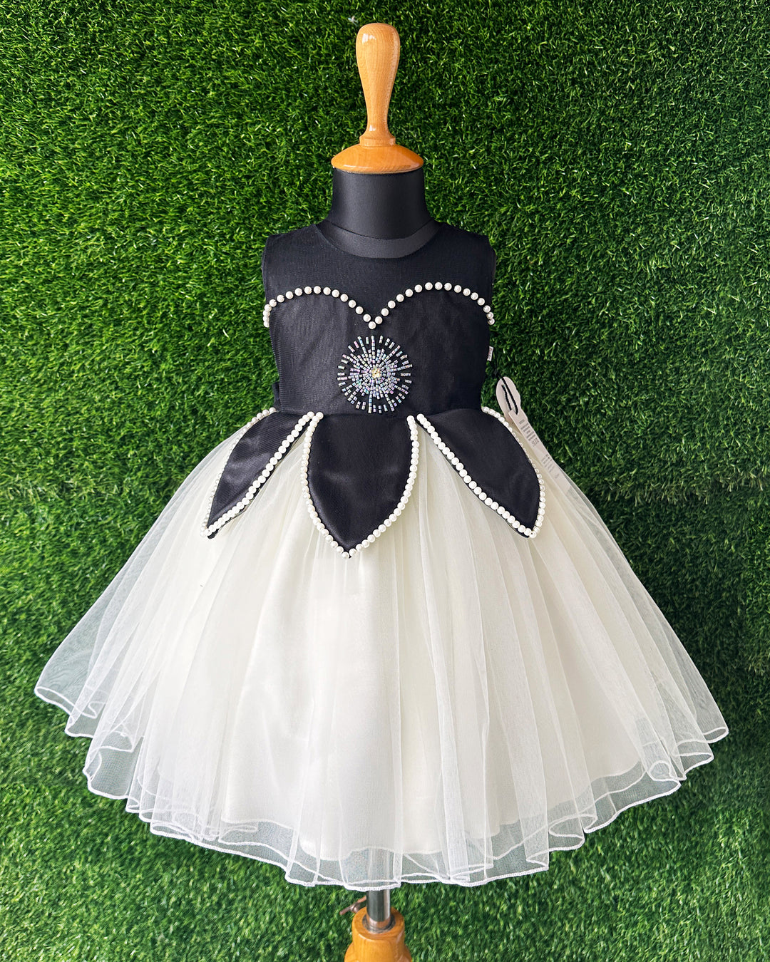 Black & White Shade Lotus Design Partywear Sleeveless Baby Girls Frock