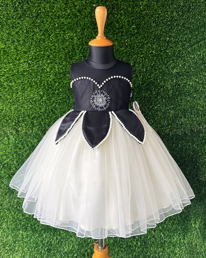 Black & White Shade Lotus Design Partywear Sleeveless Baby Girls Frock