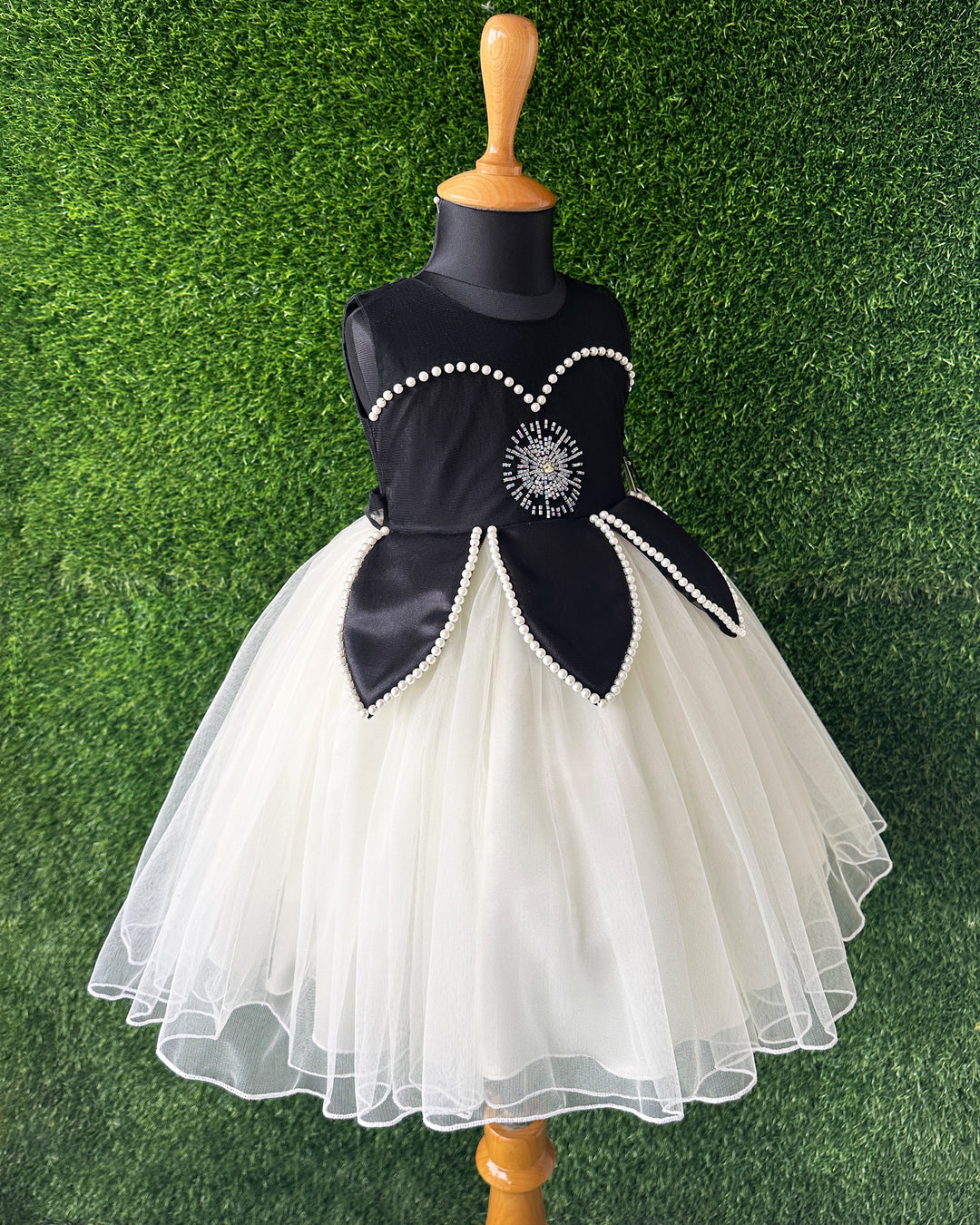 Black & White Shade Lotus Design Partywear Sleeveless Baby Girls Frock stanwells kids handwork designs