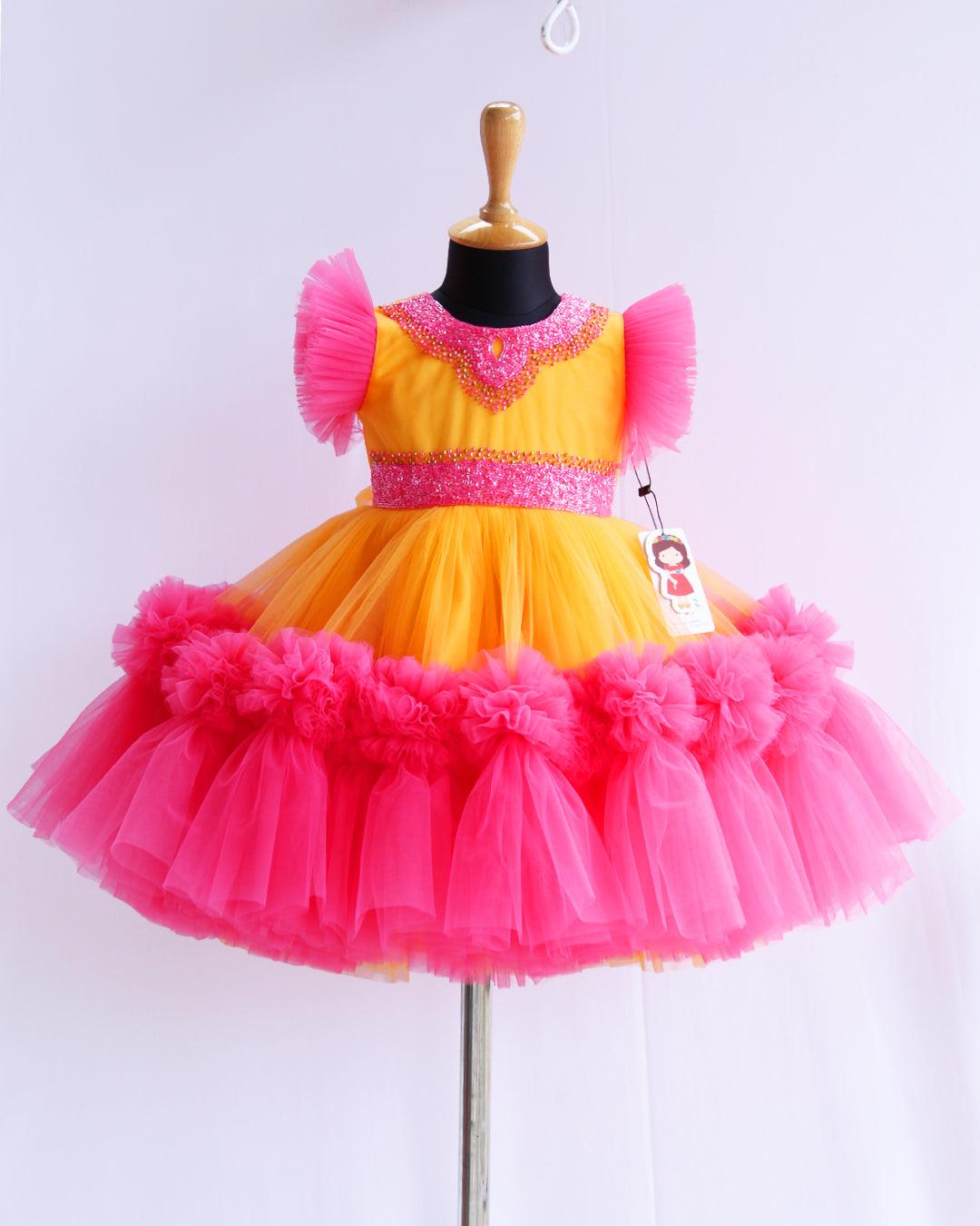 Sun Yellow & Peach Flarred Handwork Frock
Material: Sun Yellow & Peach soft nylon net is used for making this beautiful frock.Yoke portion of the frock is designed with yellow net with peach and golden