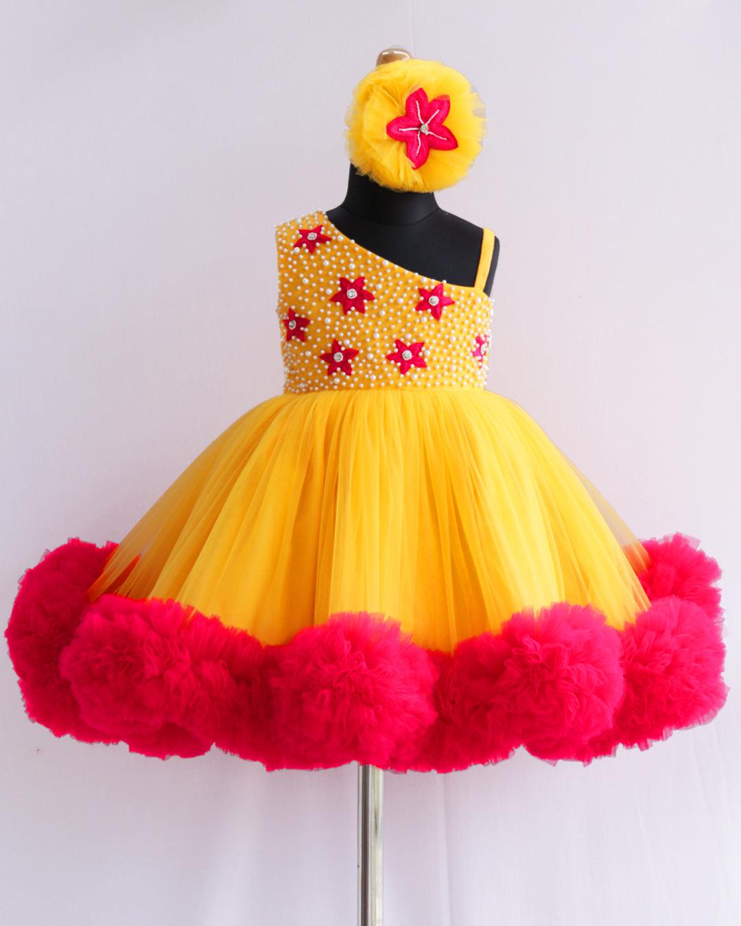 Mango Yellow Magenta Combo Handwork Heavy Ruffles Partywear Frock