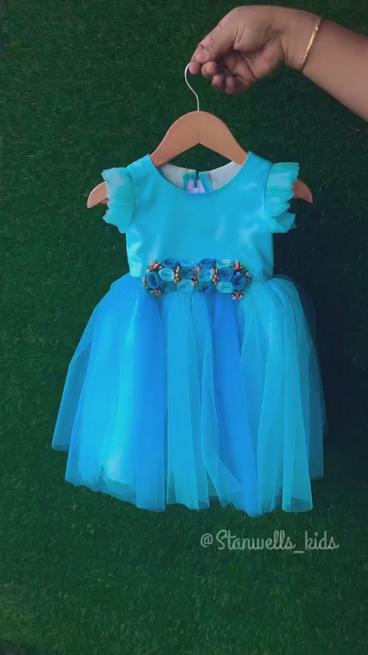 Skyblue & Darkblue Layered Flower Frock - Sample