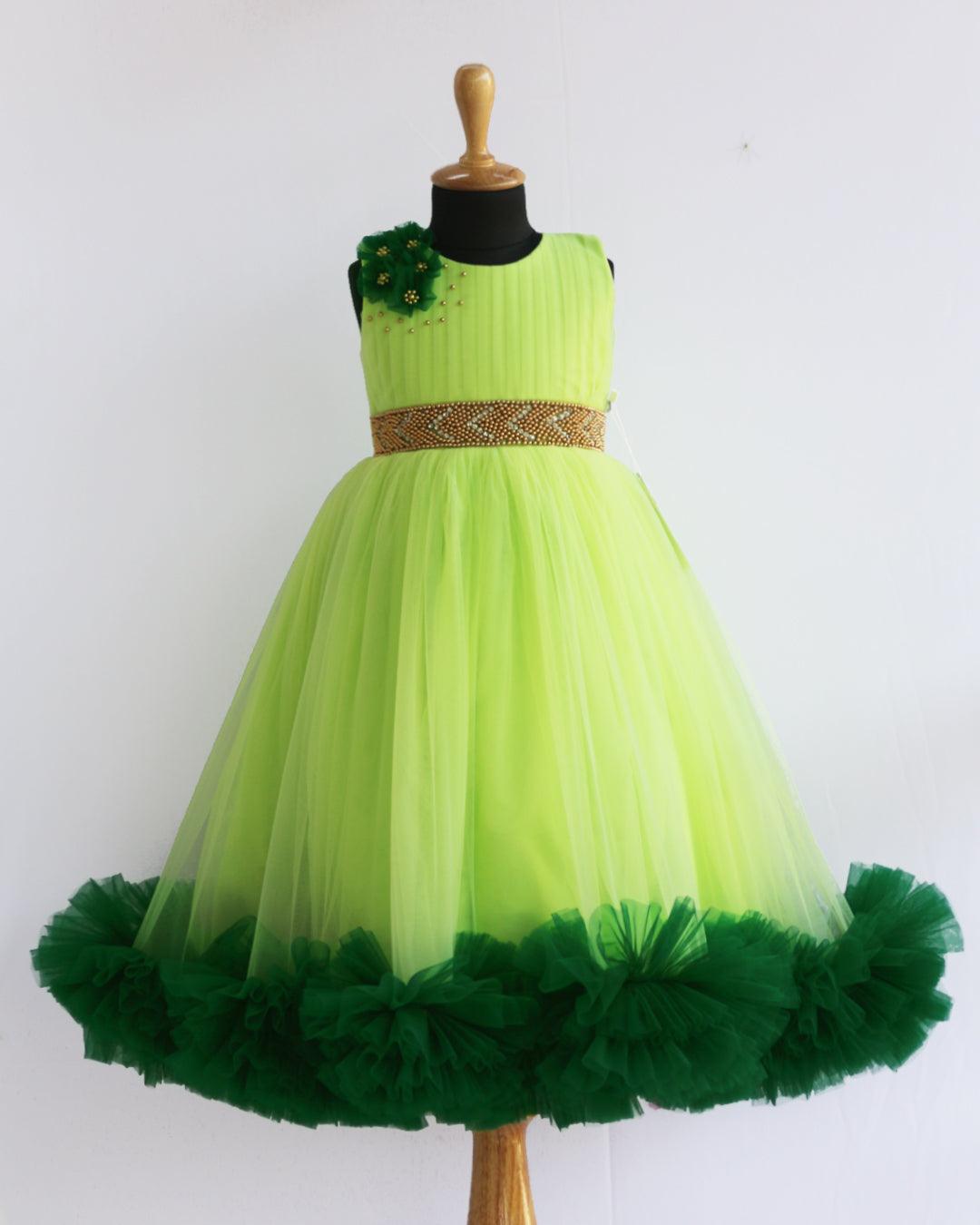 Light Green Pleated Ruffles Gown for Baby Girls | Stanwells Kids Light Green Pleated Ruffles Gown for Baby Girls | Stanwells Kids