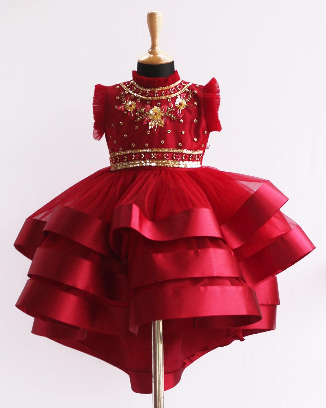 Reddish Meroon Heavy Hand Embroidery three layer satin Breaded Frock-