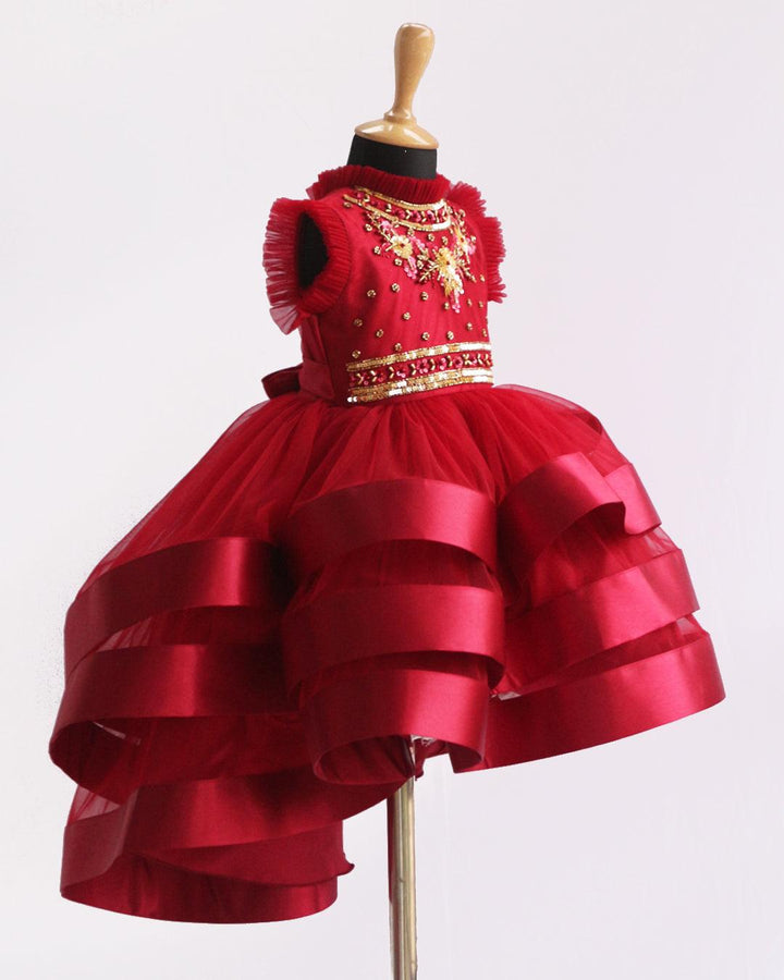 Reddish Meroon Heavy Hand Embroidery three layer satin Breaded Frock-