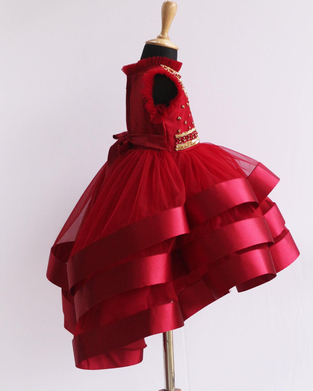 Reddish Meroon Heavy Hand Embroidery three layer satin Breaded Frock-