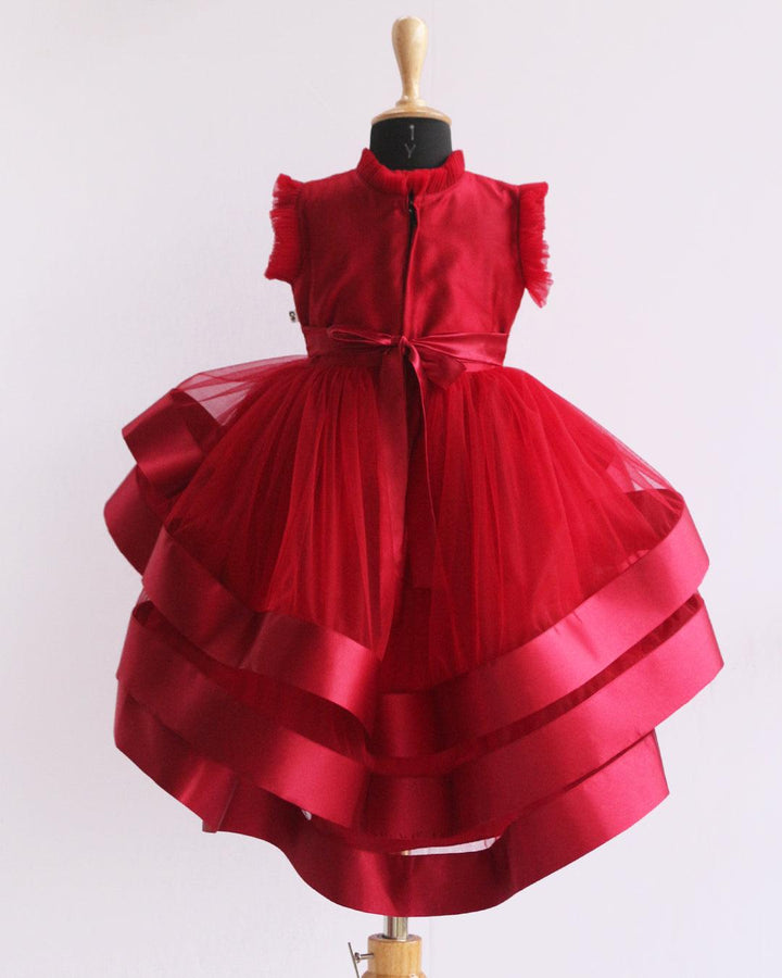 Reddish Meroon Heavy Hand Embroidery three layer satin Breaded Frock-