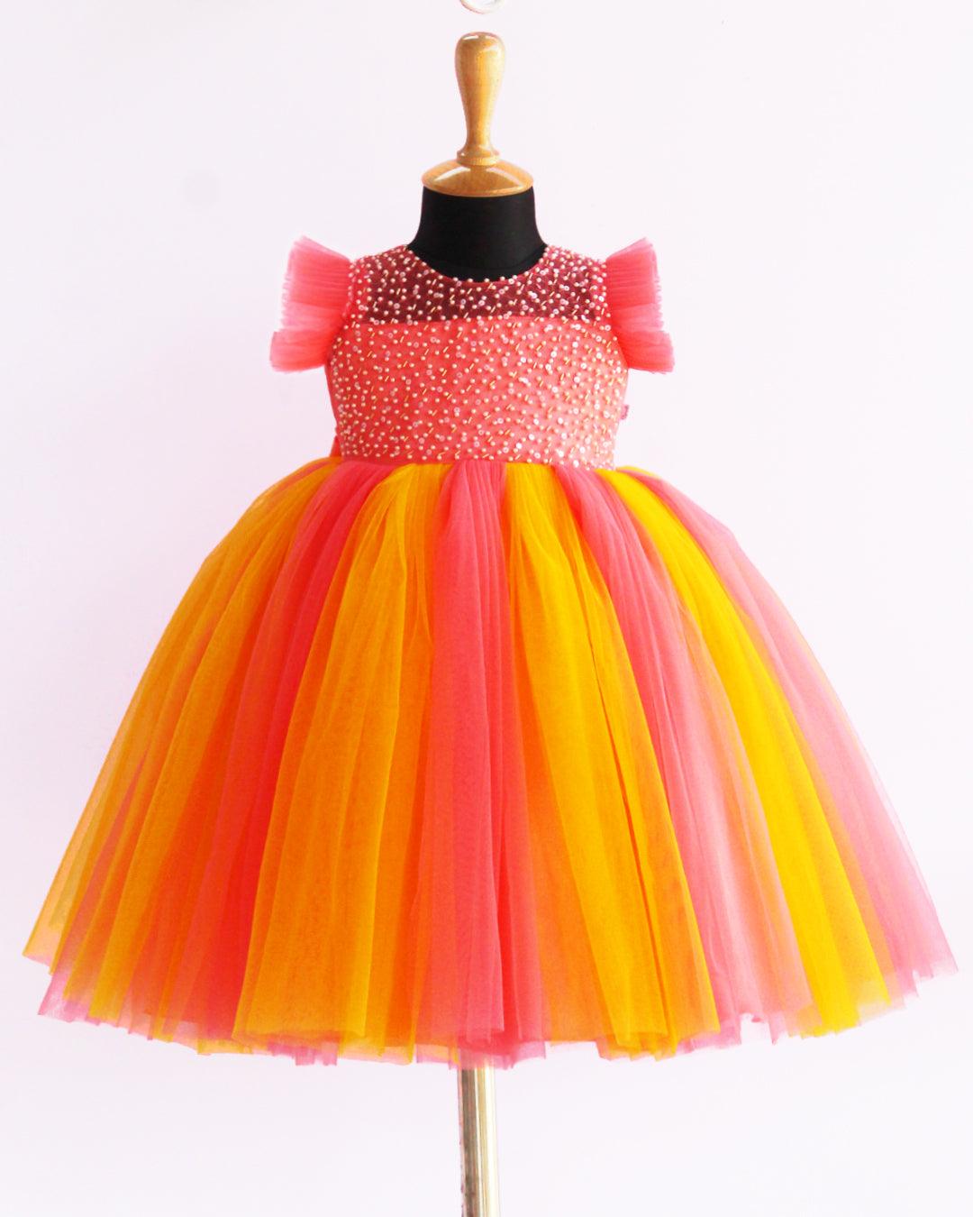 Peach Mango Yellow Bow Gown for Baby Girls Peach Mango Yellow Bow Gown for Baby Girls