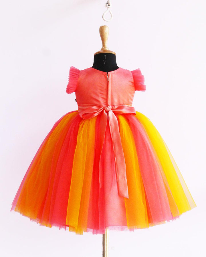 Peach & Mango Yellow combo Handwork Layered Party wear Bow Gown Stanwells Kids