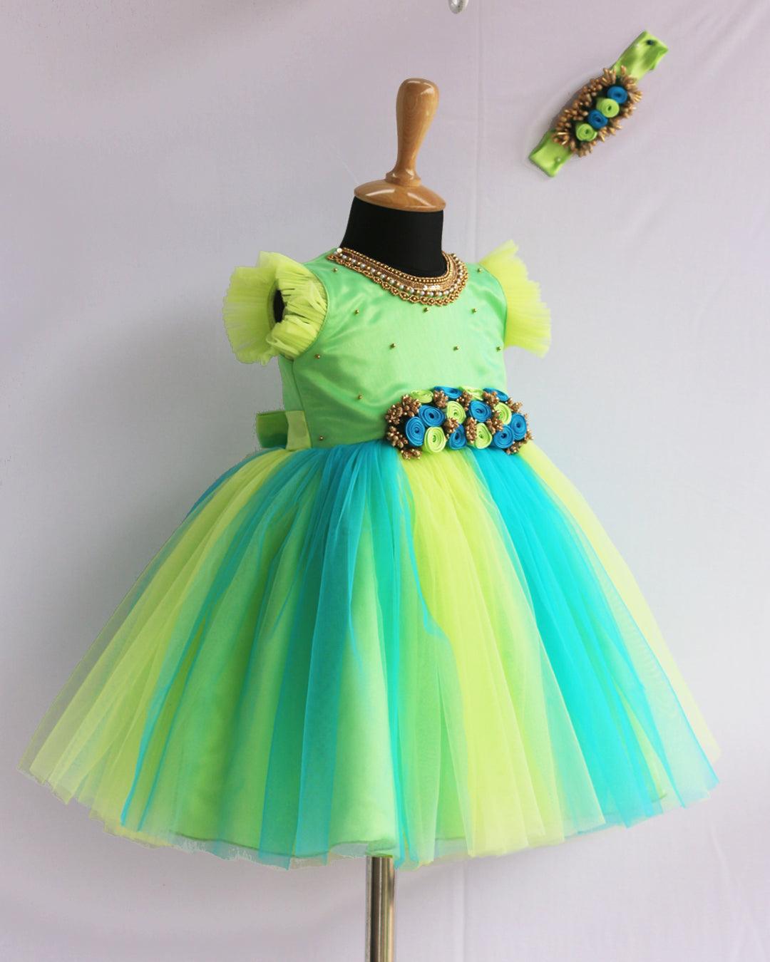 Pistagreen Skyblue Baby Girls Birthday Dress - Handwork Flower Party Frock